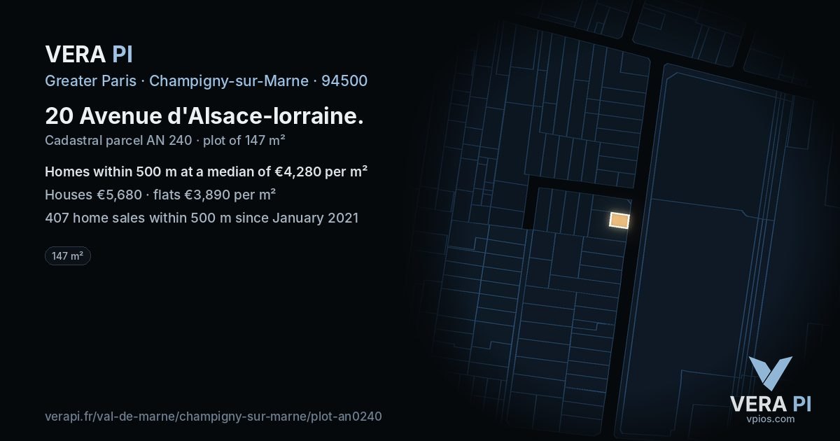 20 Avenue d'Alsace-lorraine, Champigny-sur-Marne at night – the plot lit, the parcels around coloured by the prices near them
