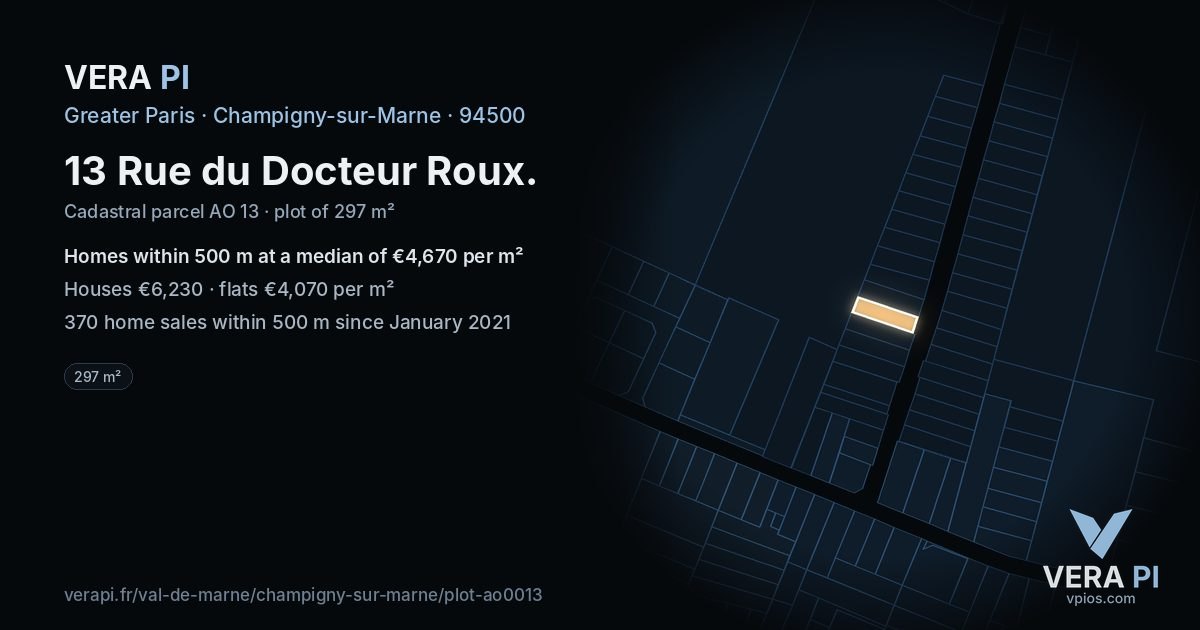 13 Rue du Docteur Roux, Champigny-sur-Marne at night – the plot lit, the parcels around coloured by the prices near them