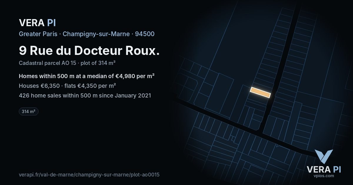 9 Rue du Docteur Roux, Champigny-sur-Marne at night – the plot lit, the parcels around coloured by the prices near them