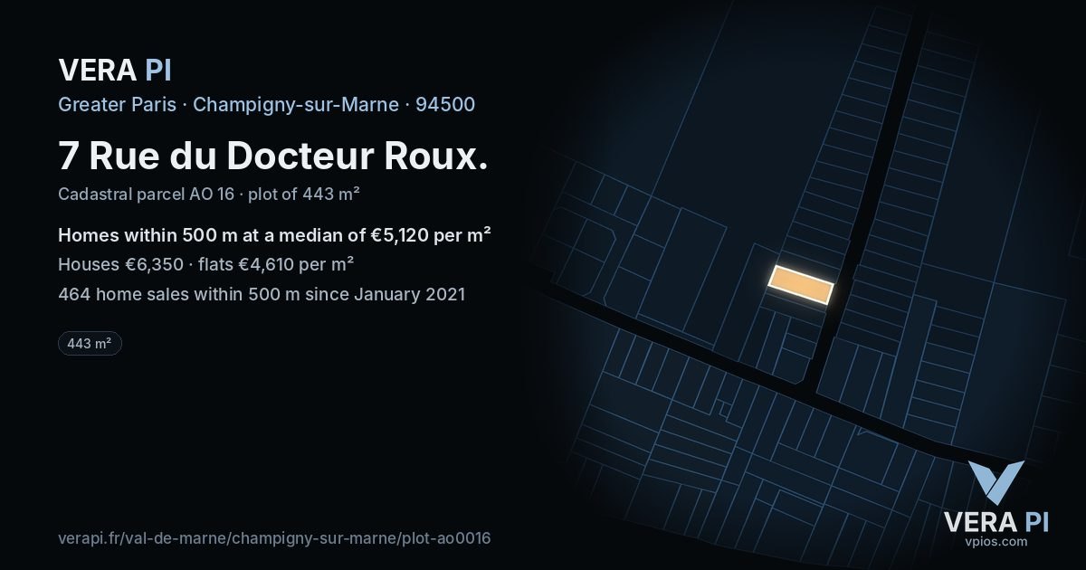 7 Rue du Docteur Roux, Champigny-sur-Marne at night – the plot lit, the parcels around coloured by the prices near them
