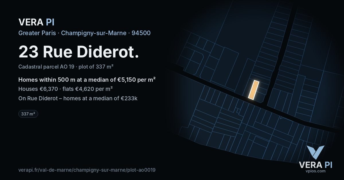 23 Rue Diderot, Champigny-sur-Marne at night – the plot lit, the parcels around coloured by the prices near them