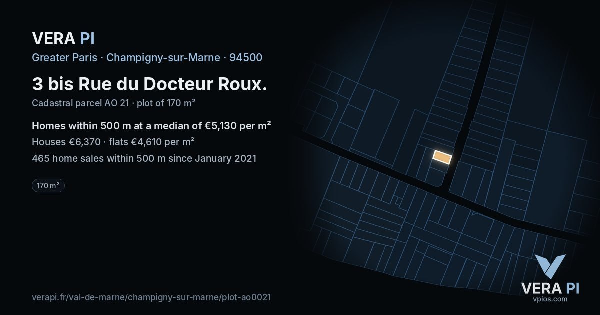 3 bis Rue du Docteur Roux, Champigny-sur-Marne at night – the plot lit, the parcels around coloured by the prices near them