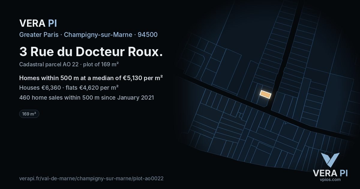 3 Rue du Docteur Roux, Champigny-sur-Marne at night – the plot lit, the parcels around coloured by the prices near them
