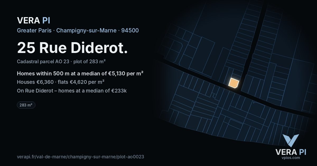 25 Rue Diderot, Champigny-sur-Marne at night – the plot lit, the parcels around coloured by the prices near them