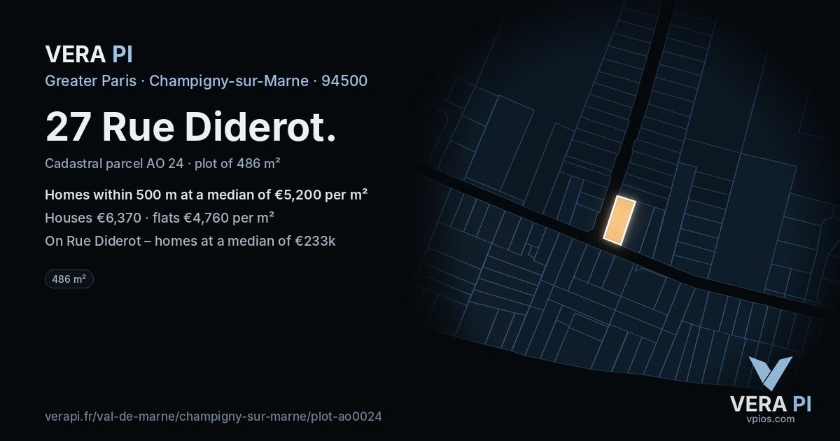 27 Rue Diderot, Champigny-sur-Marne at night – the plot lit, the parcels around coloured by the prices near them