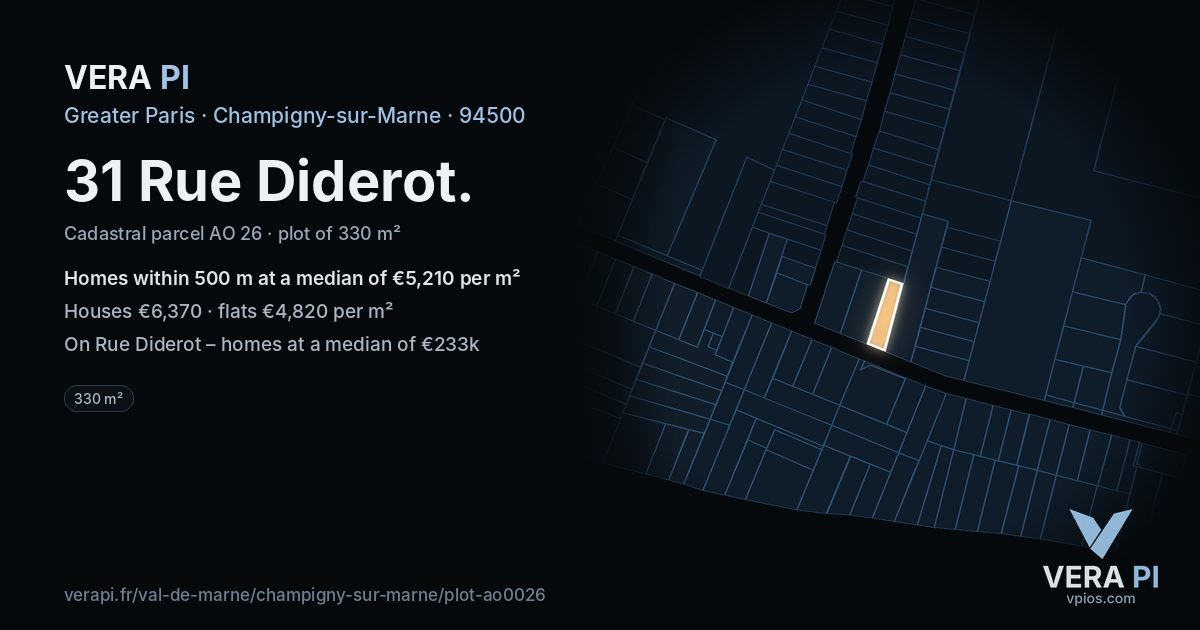 31 Rue Diderot, Champigny-sur-Marne at night – the plot lit, the parcels around coloured by the prices near them