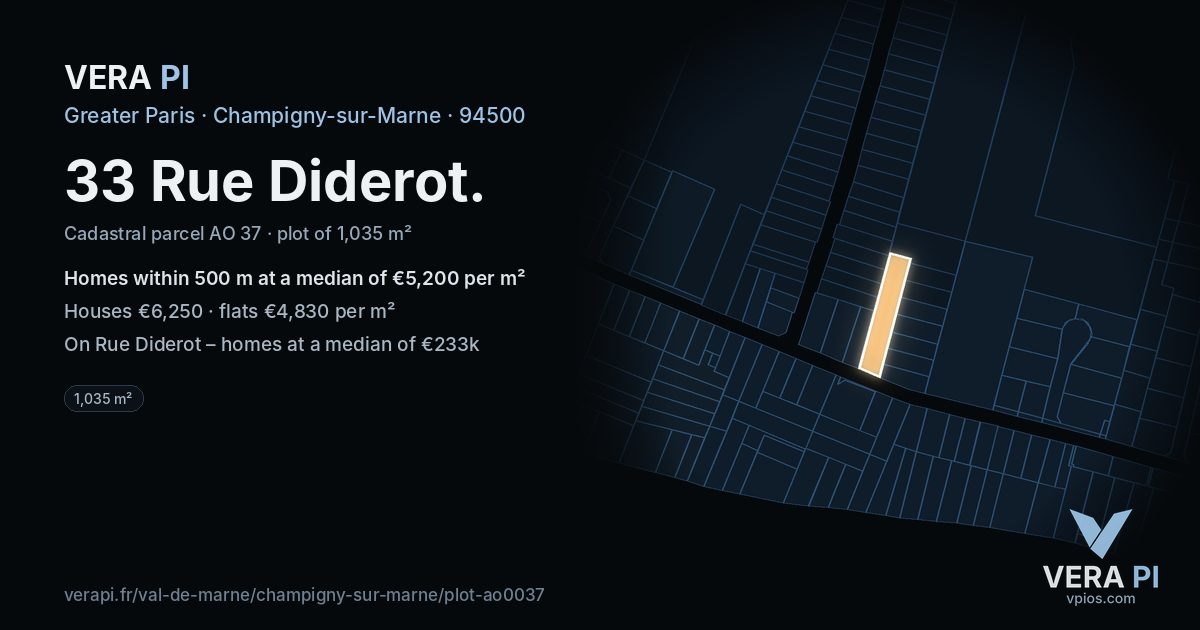 33 Rue Diderot, Champigny-sur-Marne at night – the plot lit, the parcels around coloured by the prices near them