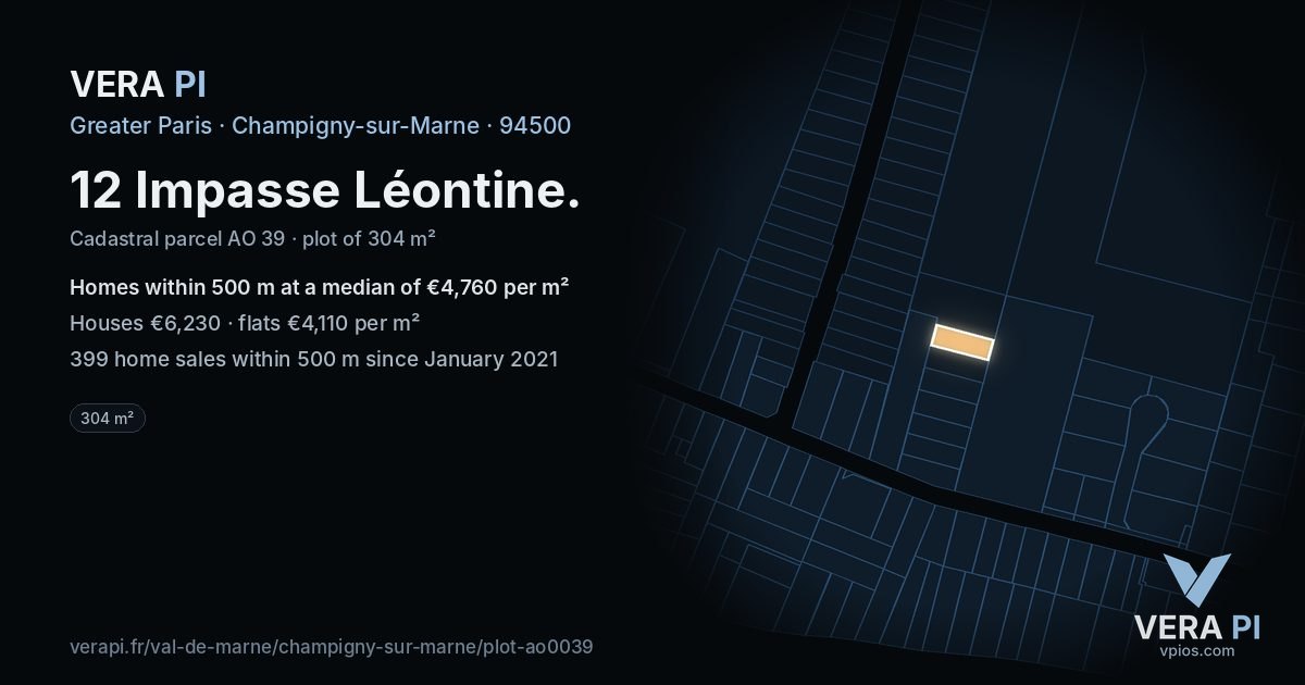 12 Impasse Léontine, Champigny-sur-Marne at night – the plot lit, the parcels around coloured by the prices near them