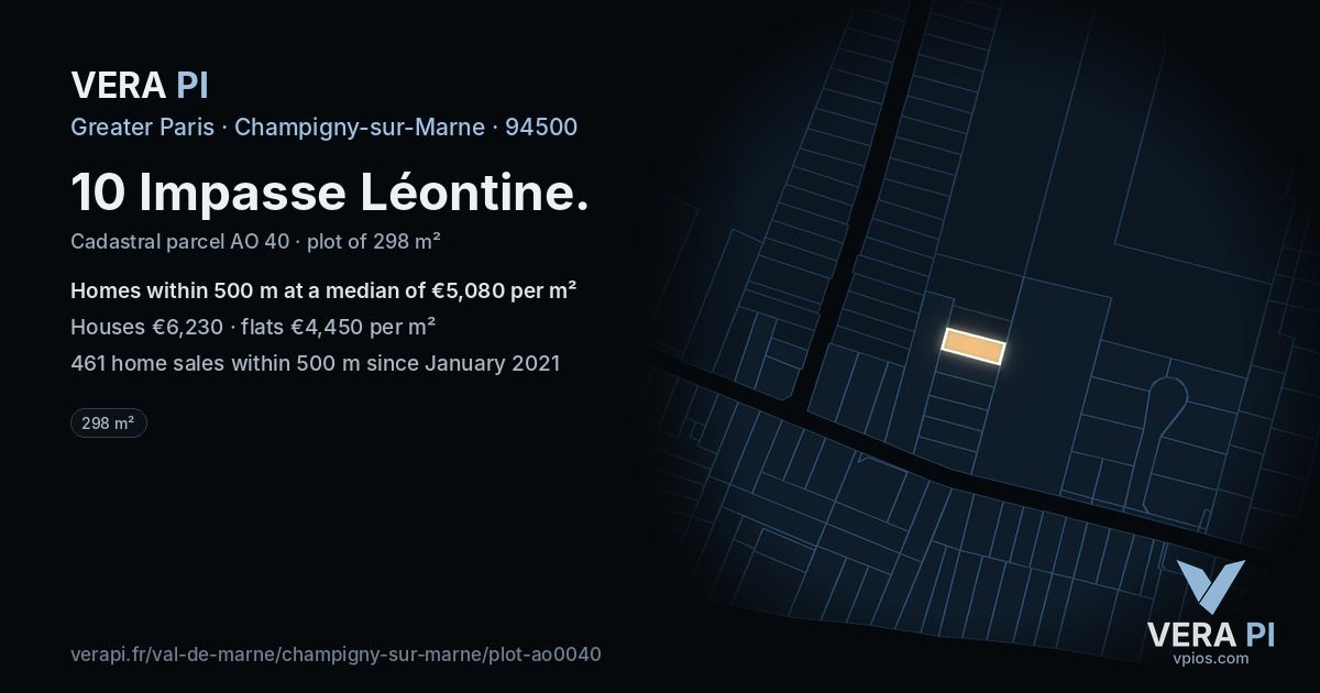 10 Impasse Léontine, Champigny-sur-Marne at night – the plot lit, the parcels around coloured by the prices near them