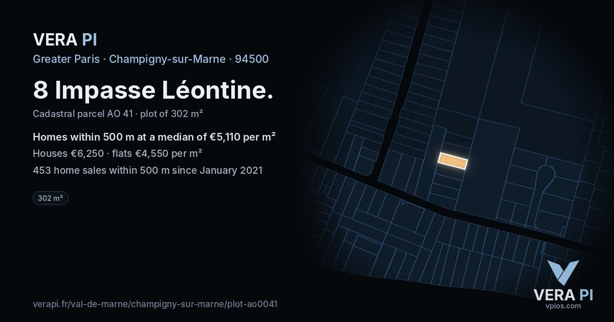 8 Impasse Léontine, Champigny-sur-Marne at night – the plot lit, the parcels around coloured by the prices near them