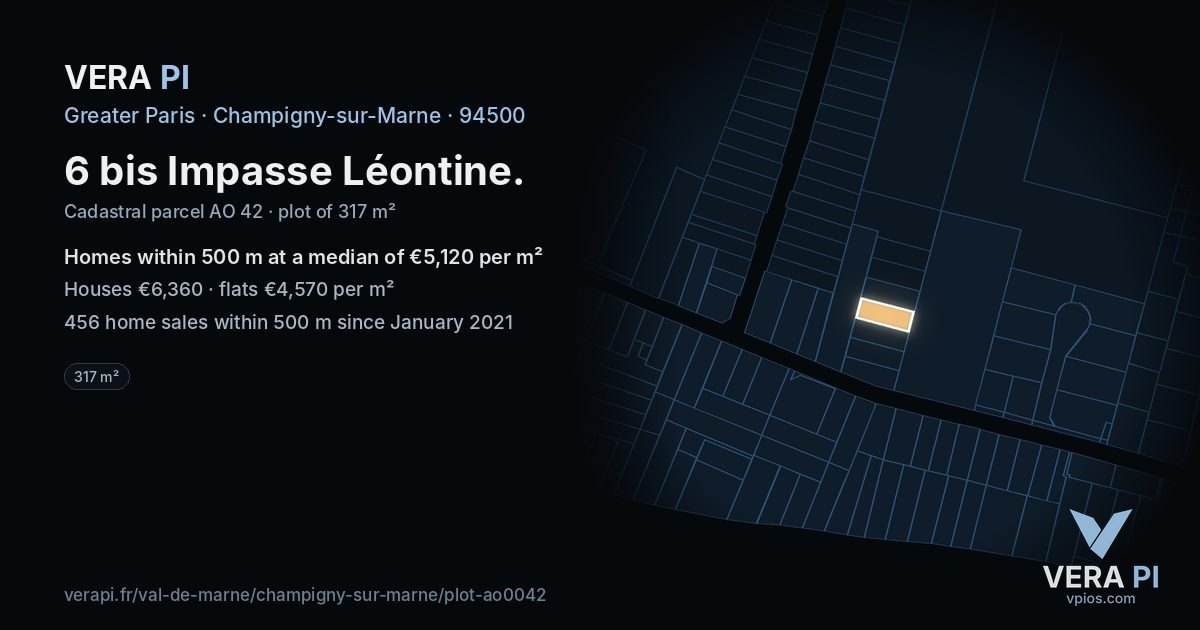 6 bis Impasse Léontine, Champigny-sur-Marne at night – the plot lit, the parcels around coloured by the prices near them