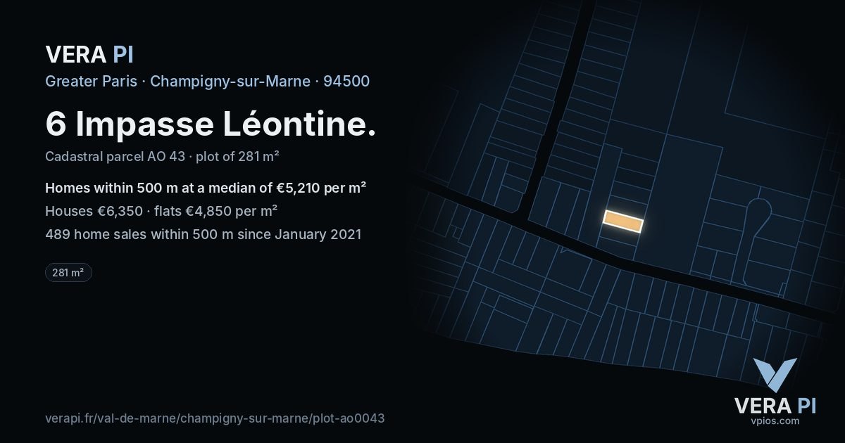 6 Impasse Léontine, Champigny-sur-Marne at night – the plot lit, the parcels around coloured by the prices near them