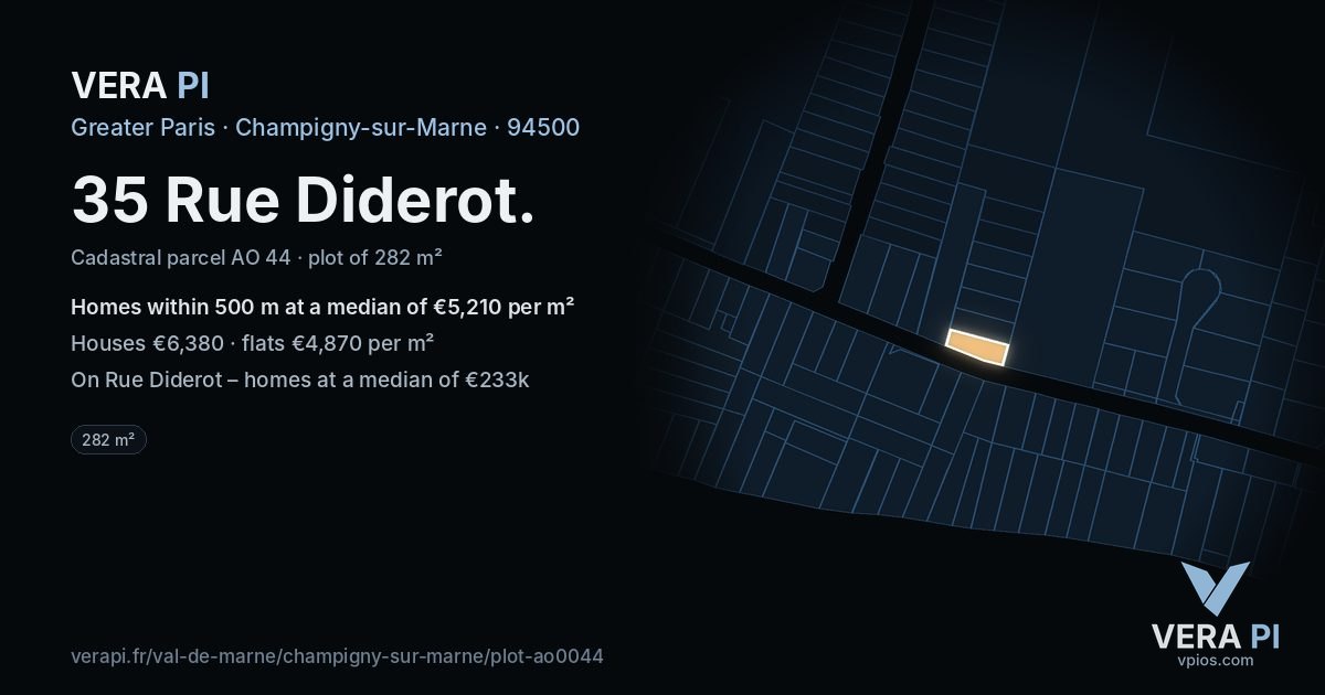 35 Rue Diderot, Champigny-sur-Marne at night – the plot lit, the parcels around coloured by the prices near them