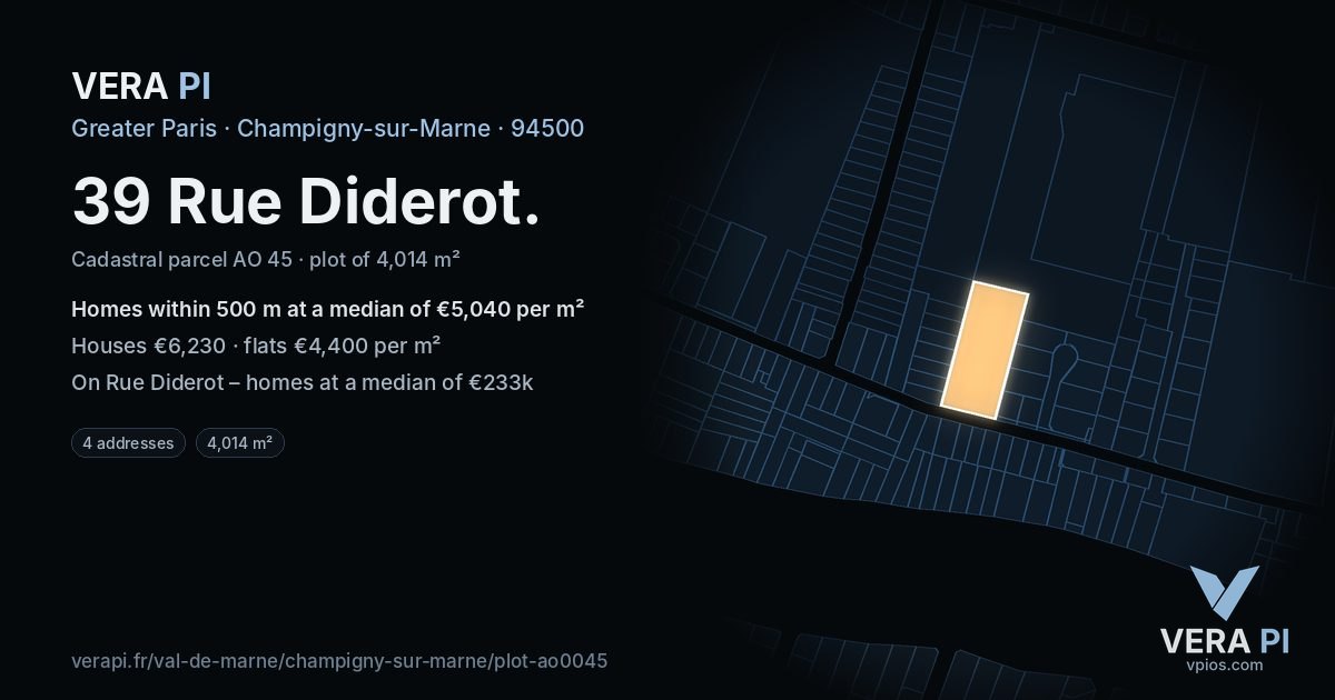 39 Rue Diderot, Champigny-sur-Marne at night – the plot lit, the parcels around coloured by the prices near them