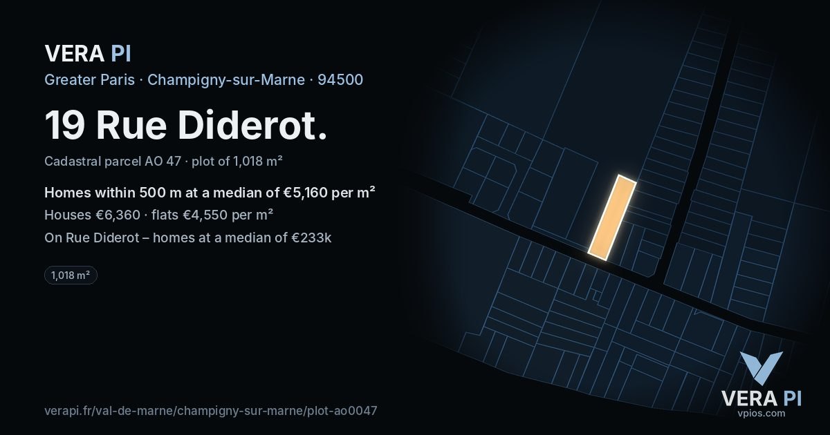 19 Rue Diderot, Champigny-sur-Marne at night – the plot lit, the parcels around coloured by the prices near them