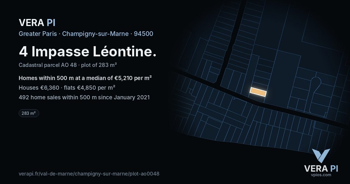 4 Impasse Léontine, Champigny-sur-Marne at night – the plot lit, the parcels around coloured by the prices near them