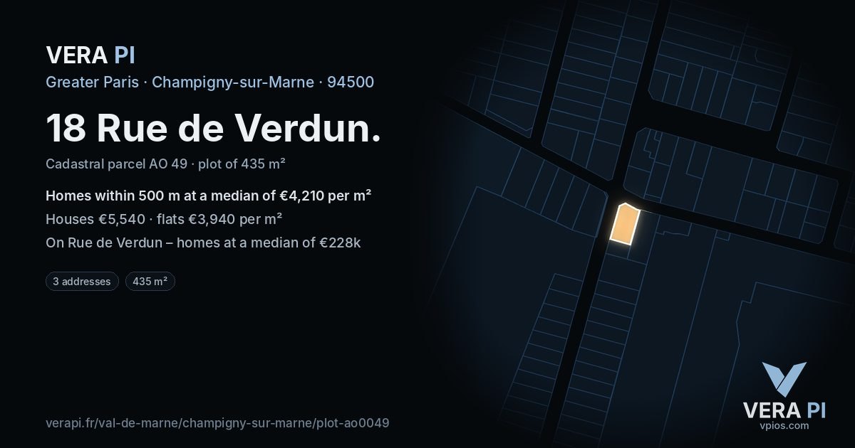 18 Rue de Verdun, Champigny-sur-Marne at night – the plot lit, the parcels around coloured by the prices near them