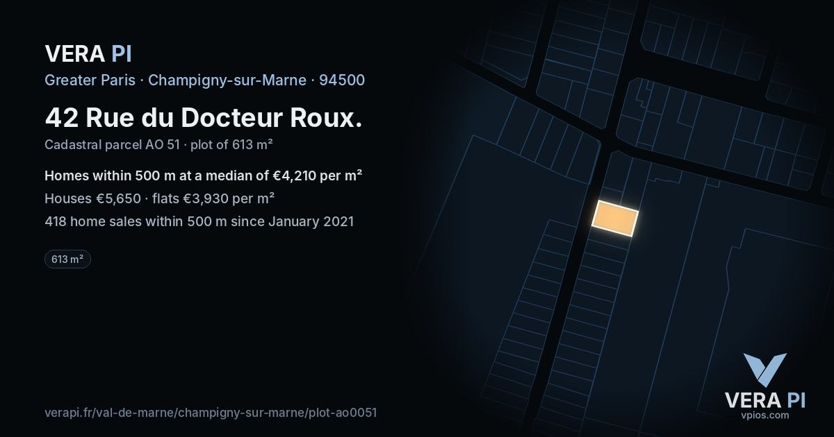 42 Rue du Docteur Roux, Champigny-sur-Marne at night – the plot lit, the parcels around coloured by the prices near them