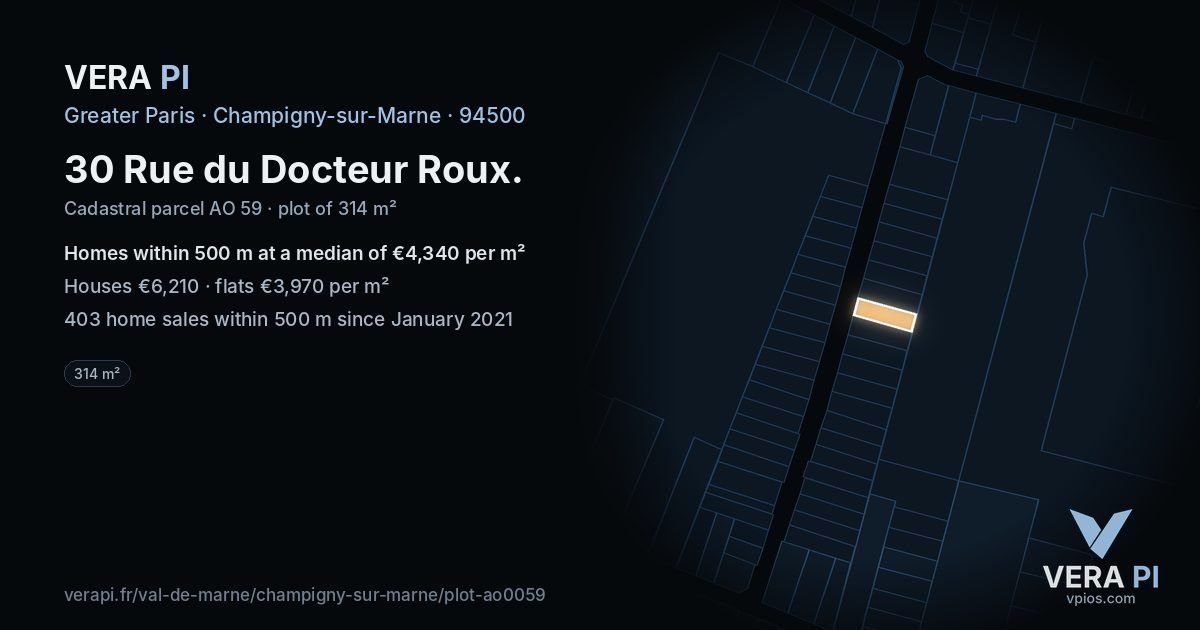 30 Rue du Docteur Roux, Champigny-sur-Marne at night – the plot lit, the parcels around coloured by the prices near them