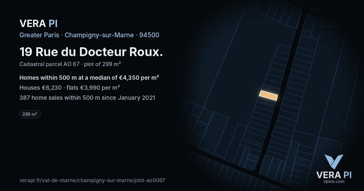 19 Rue du Docteur Roux, Champigny-sur-Marne at night – the plot lit, the parcels around coloured by the prices near them