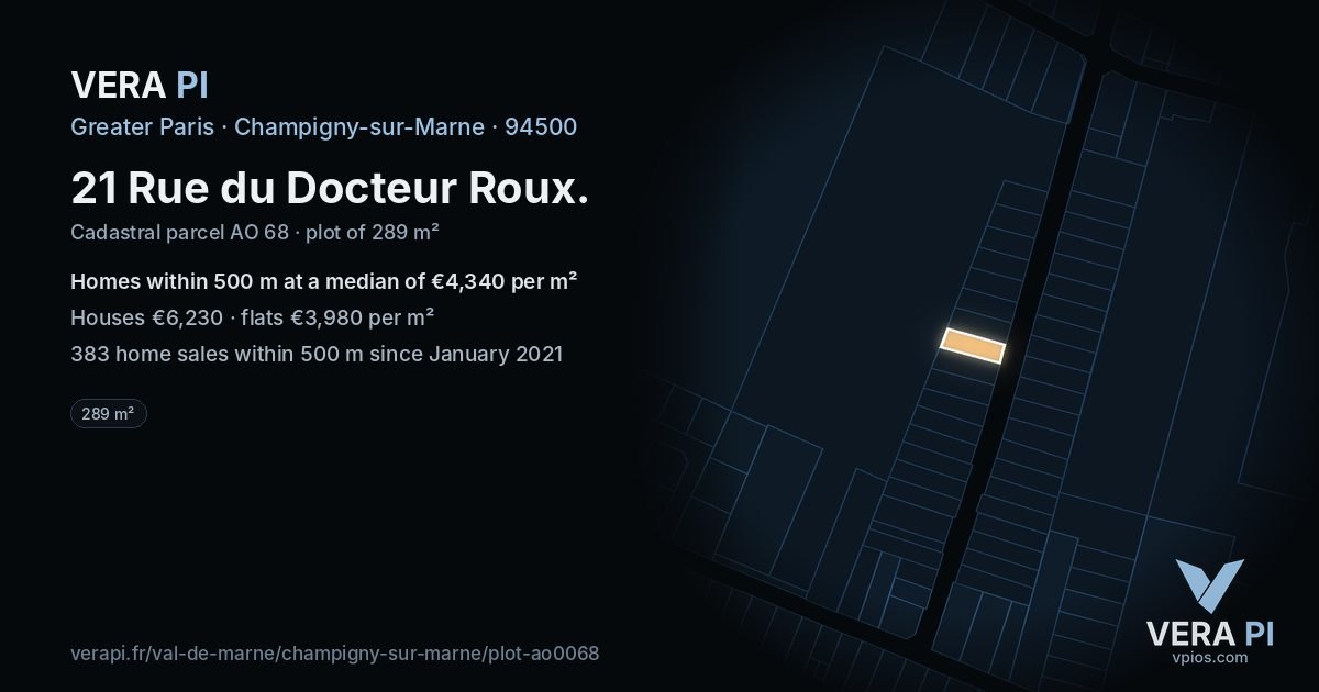 21 Rue du Docteur Roux, Champigny-sur-Marne at night – the plot lit, the parcels around coloured by the prices near them