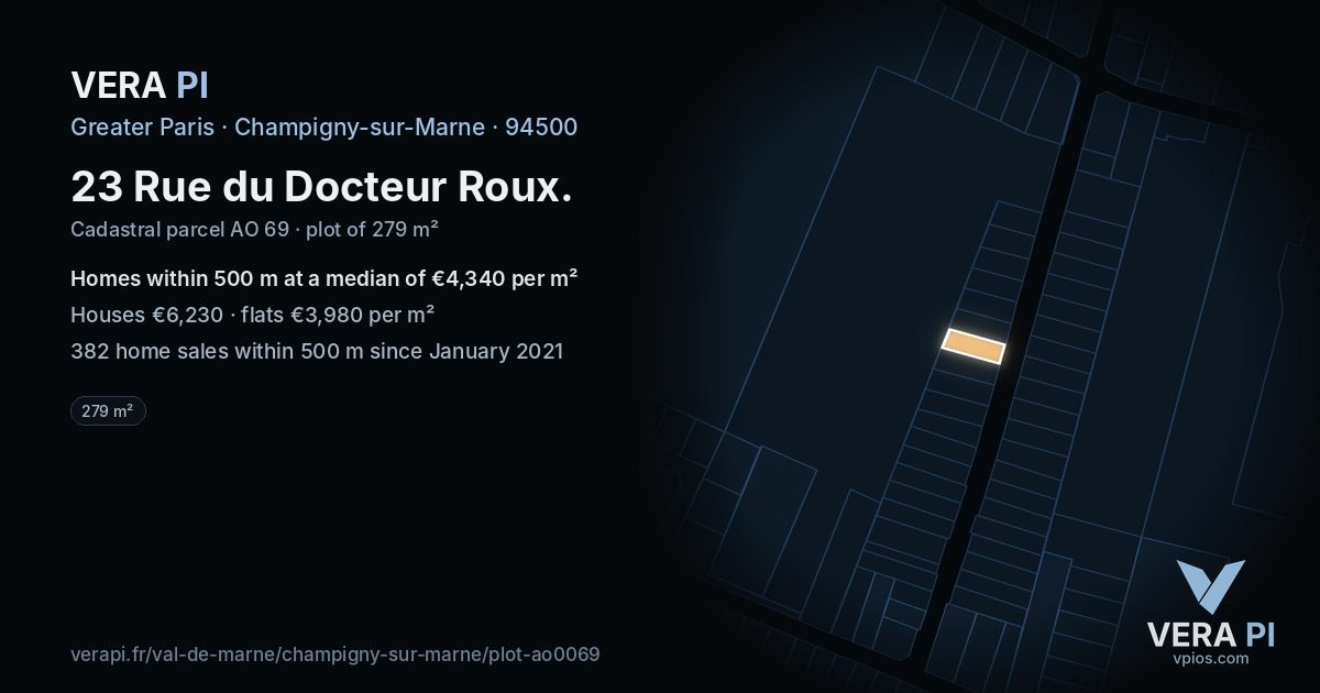 23 Rue du Docteur Roux, Champigny-sur-Marne at night – the plot lit, the parcels around coloured by the prices near them