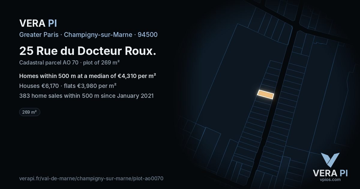 25 Rue du Docteur Roux, Champigny-sur-Marne at night – the plot lit, the parcels around coloured by the prices near them