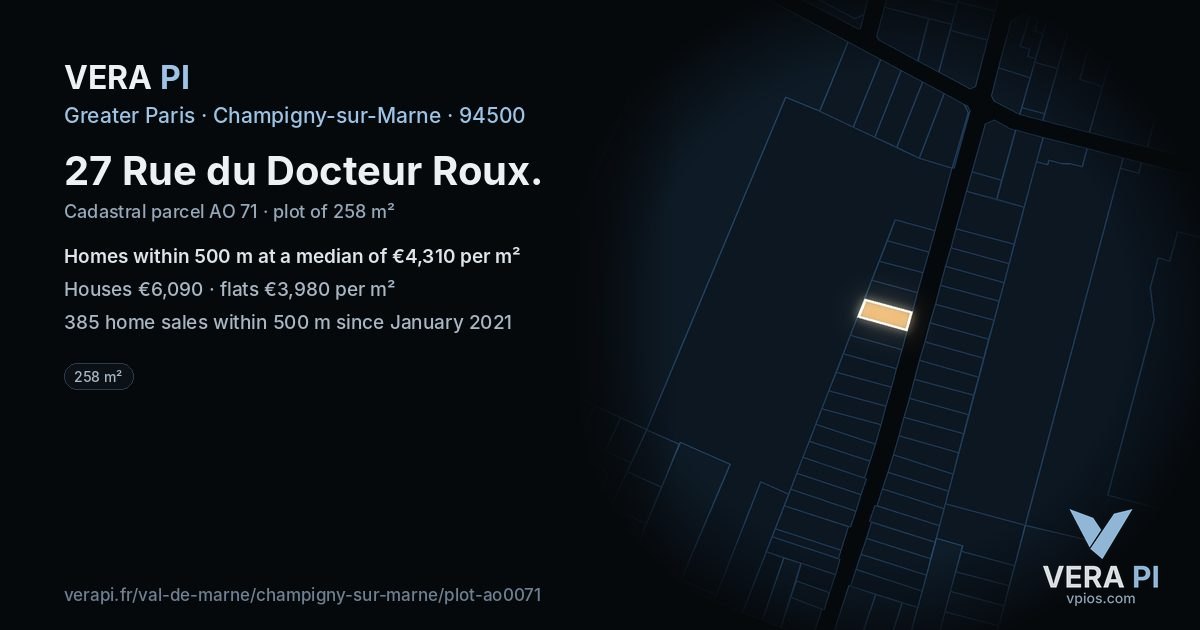 27 Rue du Docteur Roux, Champigny-sur-Marne at night – the plot lit, the parcels around coloured by the prices near them