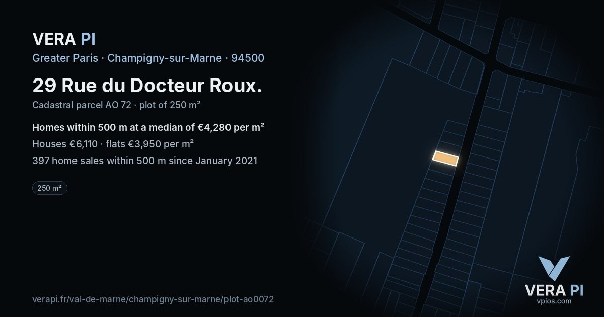 29 Rue du Docteur Roux, Champigny-sur-Marne at night – the plot lit, the parcels around coloured by the prices near them