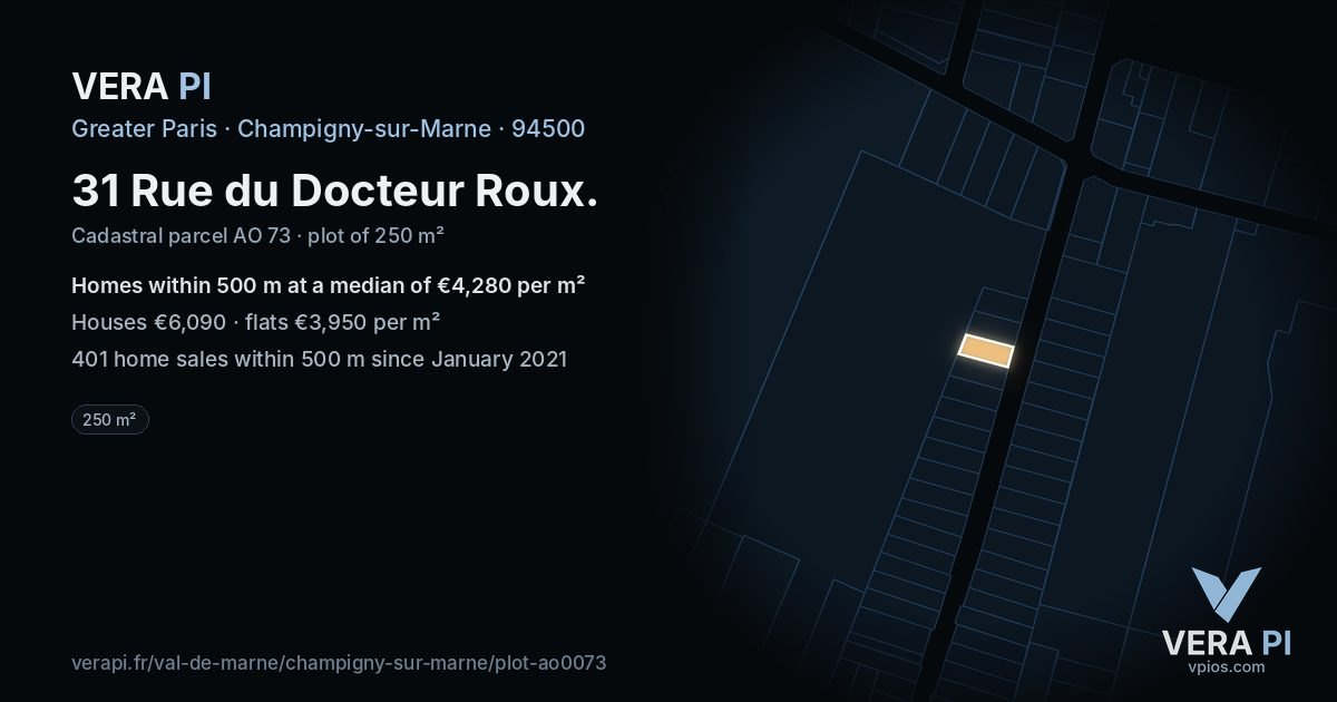 31 Rue du Docteur Roux, Champigny-sur-Marne at night – the plot lit, the parcels around coloured by the prices near them