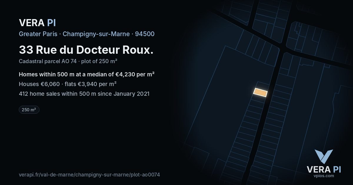 33 Rue du Docteur Roux, Champigny-sur-Marne at night – the plot lit, the parcels around coloured by the prices near them