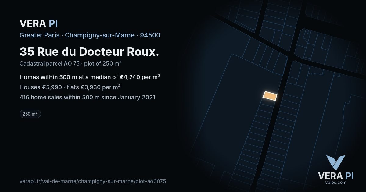 35 Rue du Docteur Roux, Champigny-sur-Marne at night – the plot lit, the parcels around coloured by the prices near them
