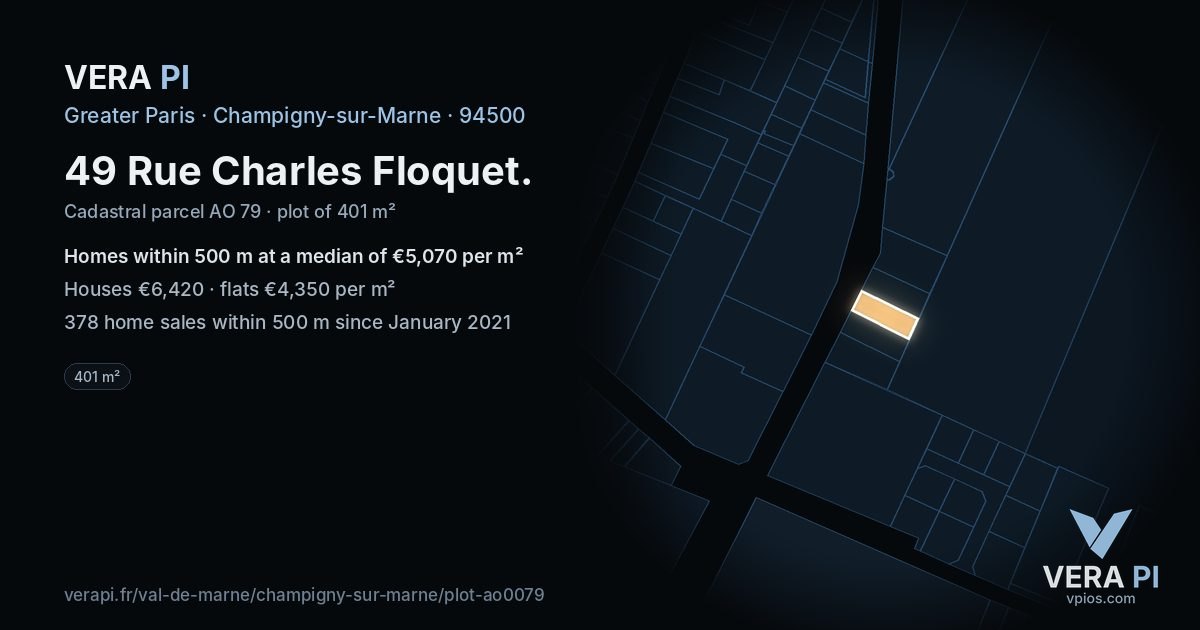 49 Rue Charles Floquet, Champigny-sur-Marne at night – the plot lit, the parcels around coloured by the prices near them
