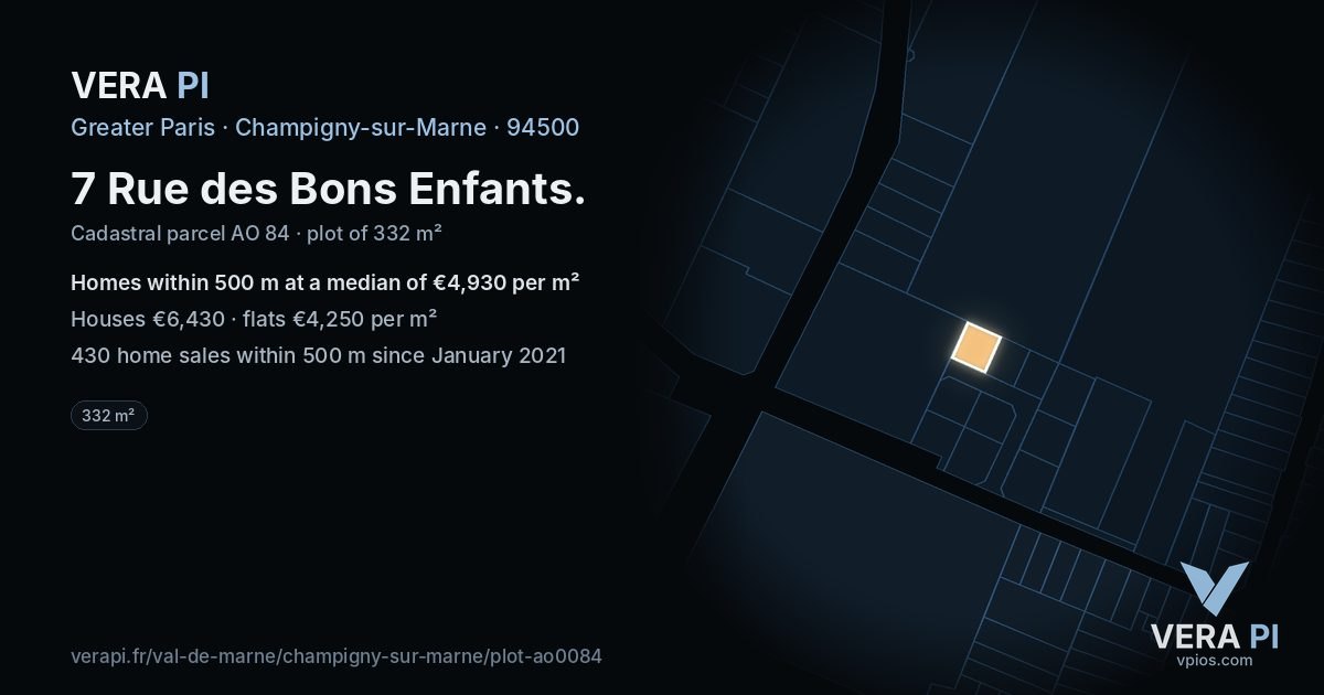 7 Rue des Bons Enfants, Champigny-sur-Marne at night – the plot lit, the parcels around coloured by the prices near them