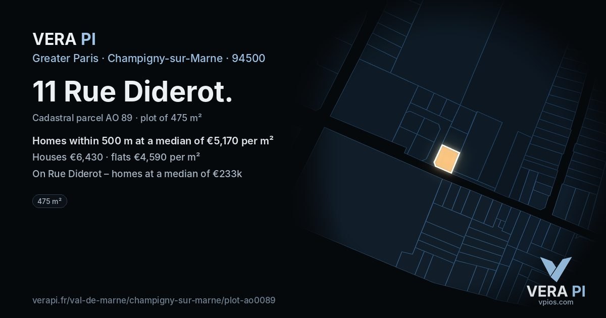 11 Rue Diderot, Champigny-sur-Marne at night – the plot lit, the parcels around coloured by the prices near them