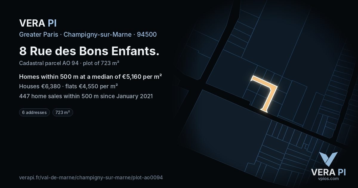 8 Rue des Bons Enfants, Champigny-sur-Marne at night – the plot lit, the parcels around coloured by the prices near them