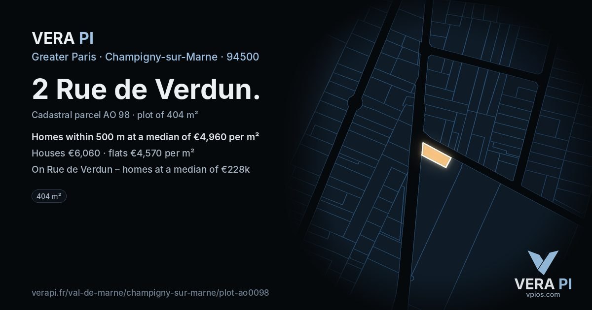 2 Rue de Verdun, Champigny-sur-Marne at night – the plot lit, the parcels around coloured by the prices near them