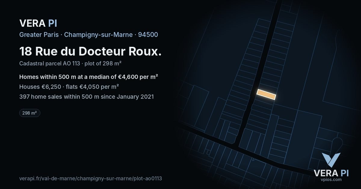 18 Rue du Docteur Roux, Champigny-sur-Marne at night – the plot lit, the parcels around coloured by the prices near them