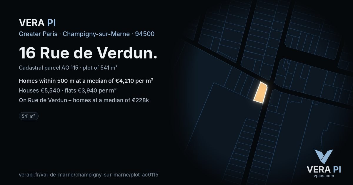 16 Rue de Verdun, Champigny-sur-Marne at night – the plot lit, the parcels around coloured by the prices near them