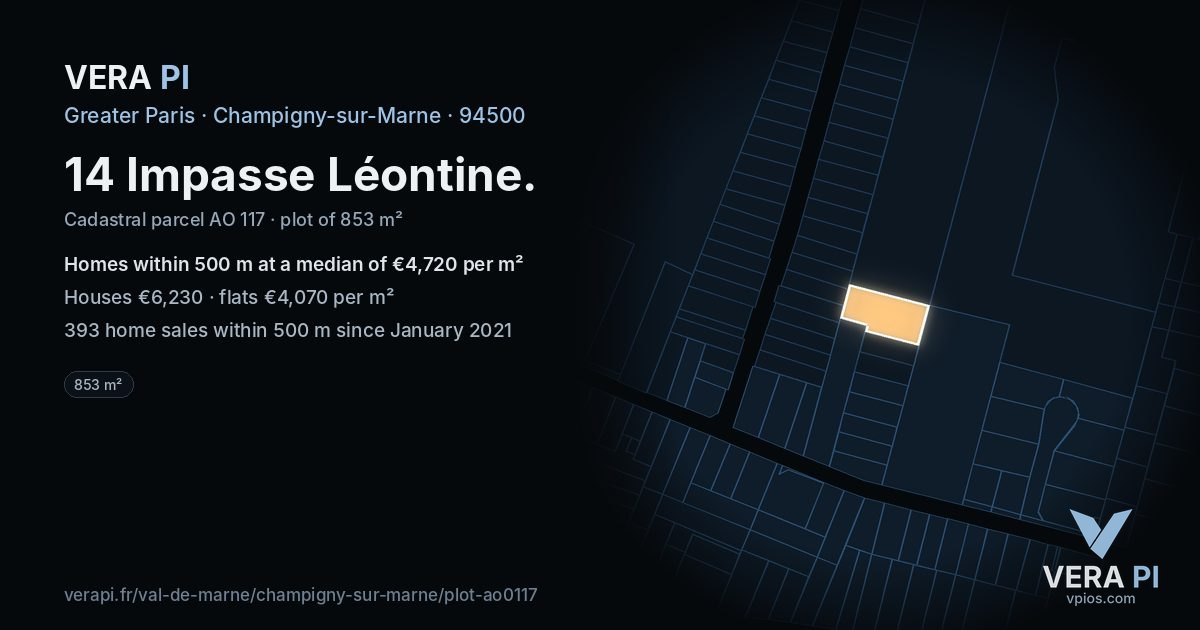 14 Impasse Léontine, Champigny-sur-Marne at night – the plot lit, the parcels around coloured by the prices near them