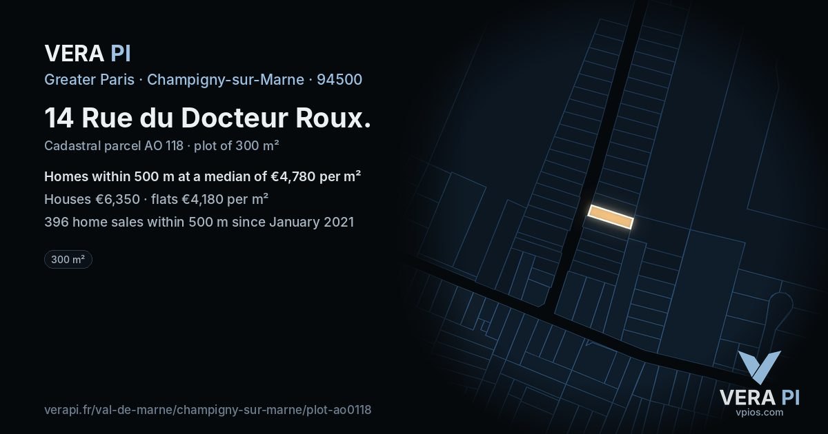 14 Rue du Docteur Roux, Champigny-sur-Marne at night – the plot lit, the parcels around coloured by the prices near them