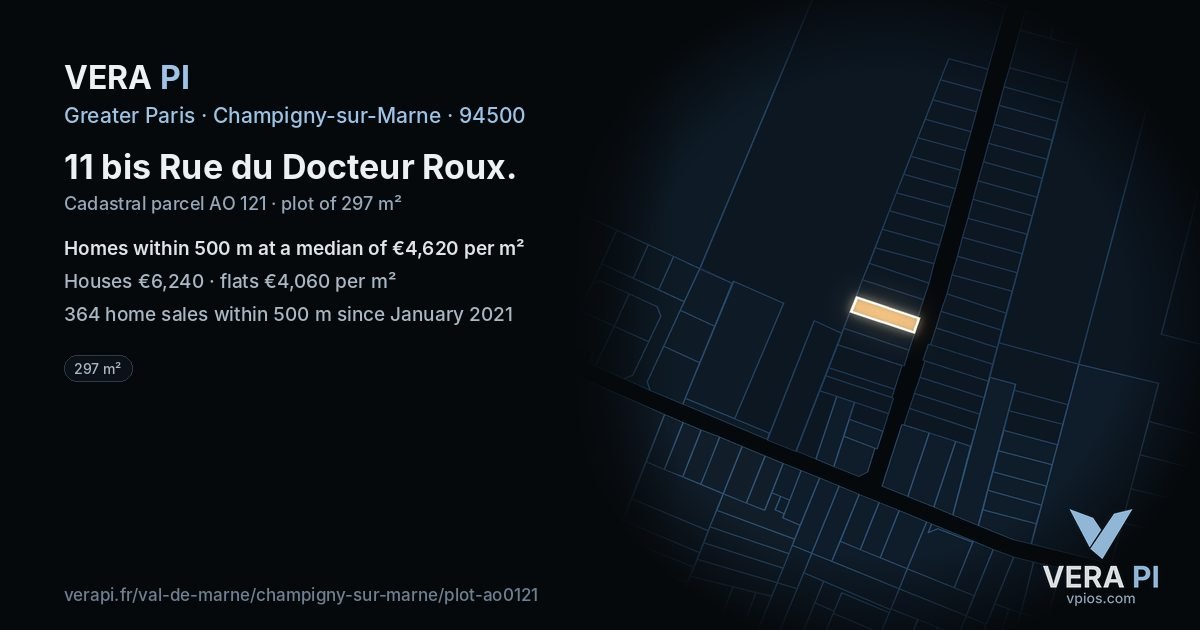 11 bis Rue du Docteur Roux, Champigny-sur-Marne at night – the plot lit, the parcels around coloured by the prices near them