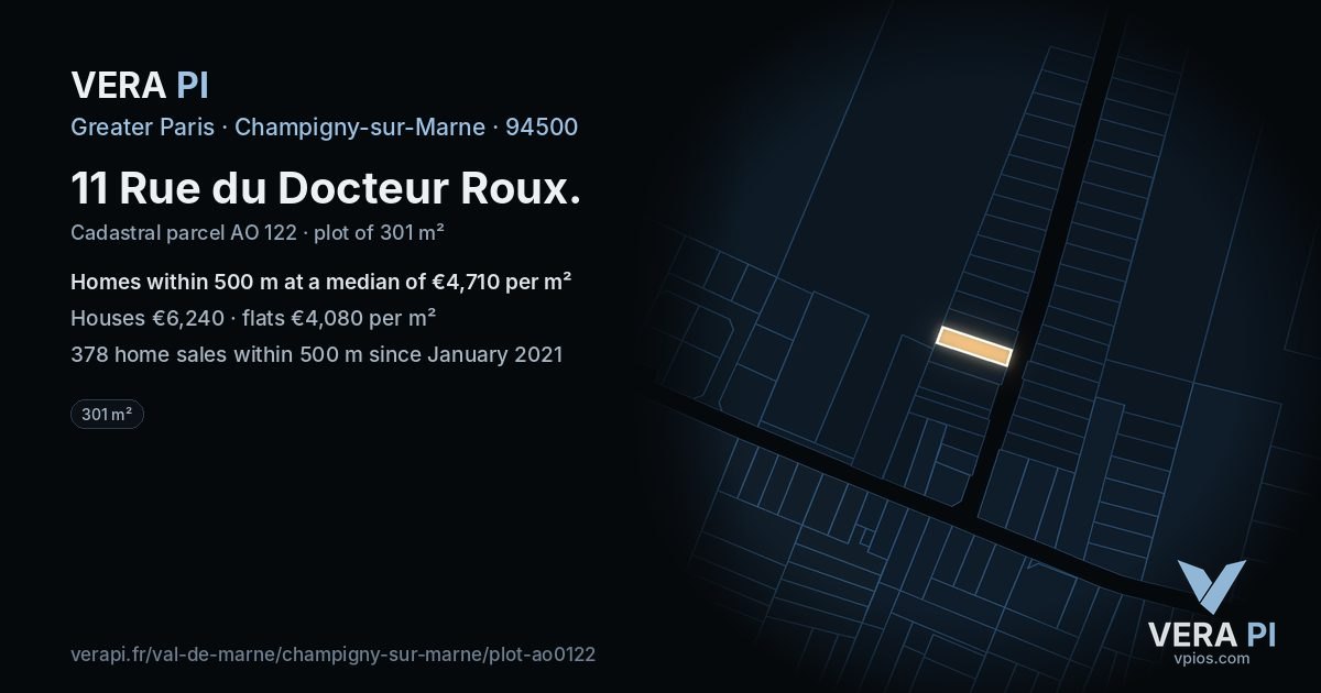 11 Rue du Docteur Roux, Champigny-sur-Marne at night – the plot lit, the parcels around coloured by the prices near them