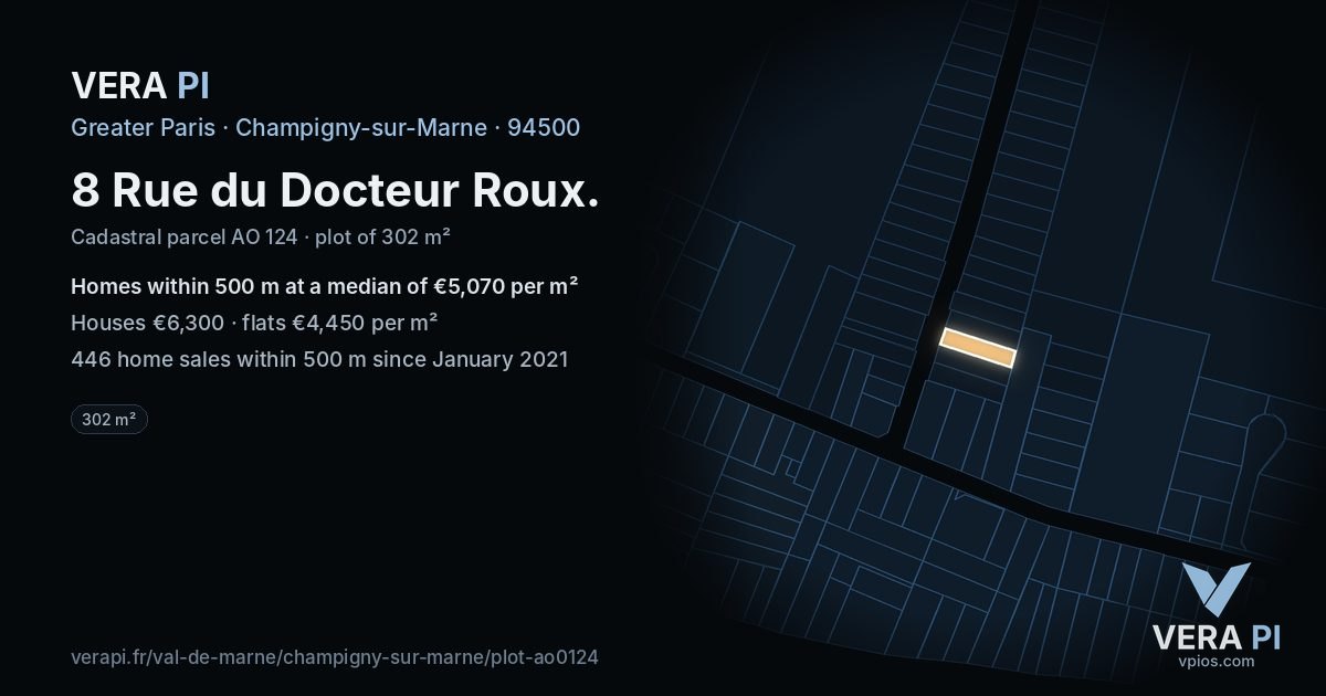 8 Rue du Docteur Roux, Champigny-sur-Marne at night – the plot lit, the parcels around coloured by the prices near them