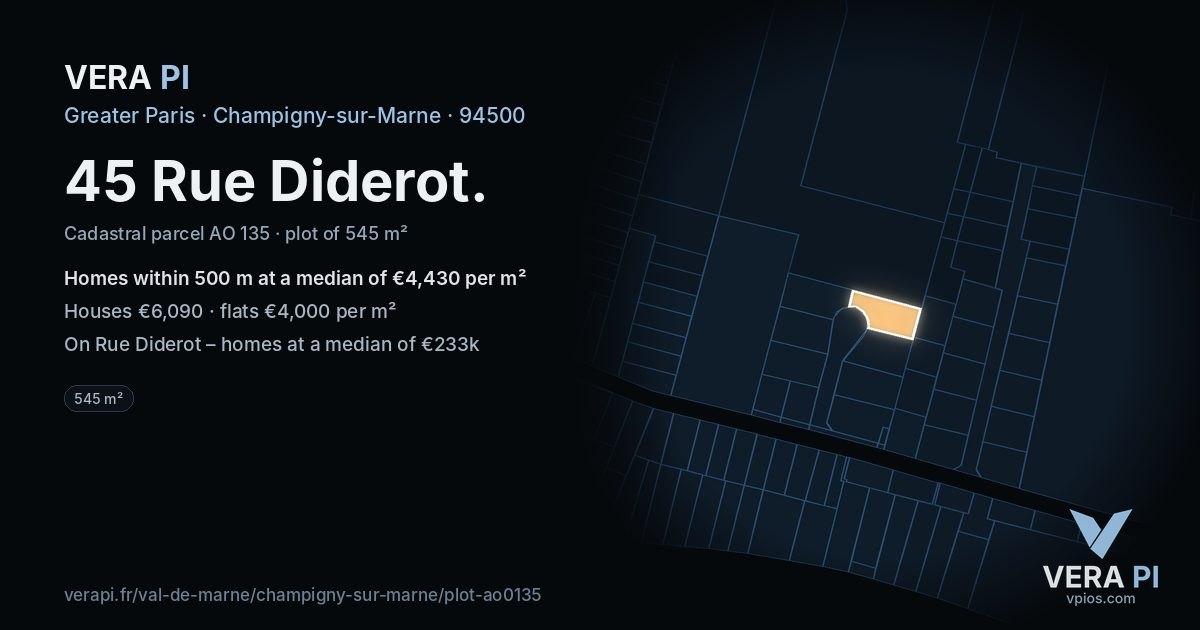 45 Rue Diderot, Champigny-sur-Marne at night – the plot lit, the parcels around coloured by the prices near them