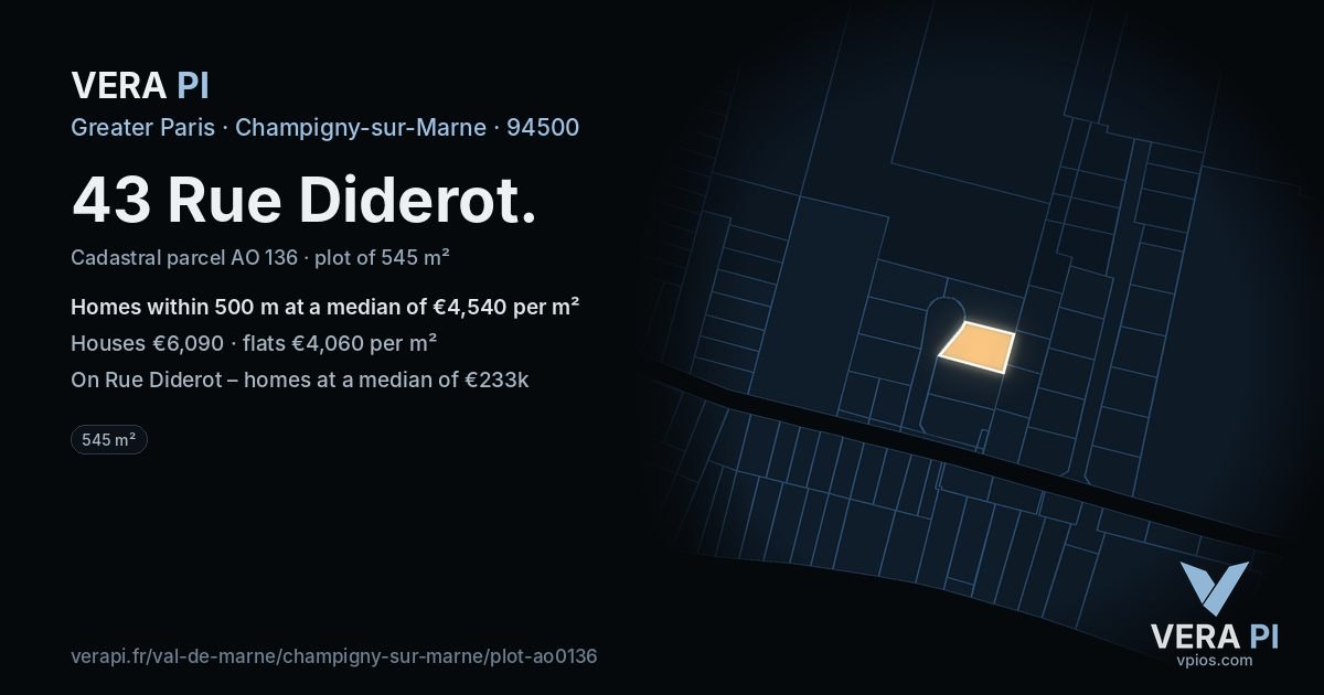43 Rue Diderot, Champigny-sur-Marne at night – the plot lit, the parcels around coloured by the prices near them