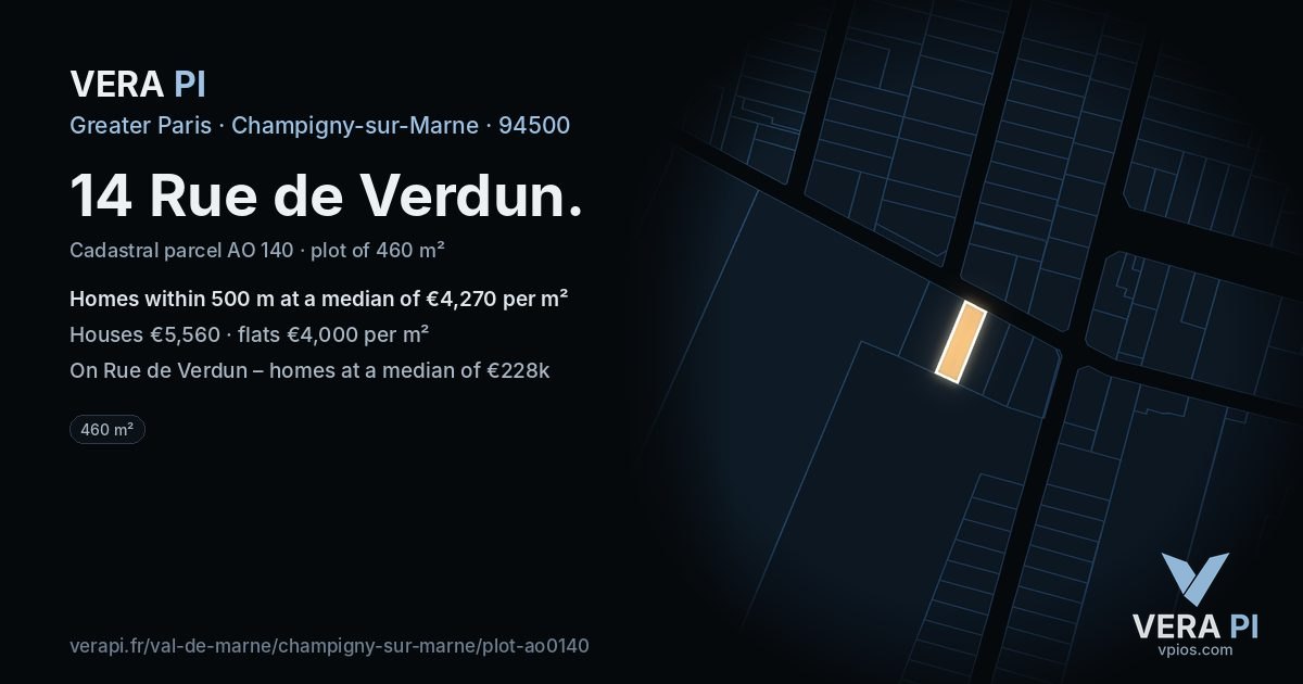 14 Rue de Verdun, Champigny-sur-Marne at night – the plot lit, the parcels around coloured by the prices near them