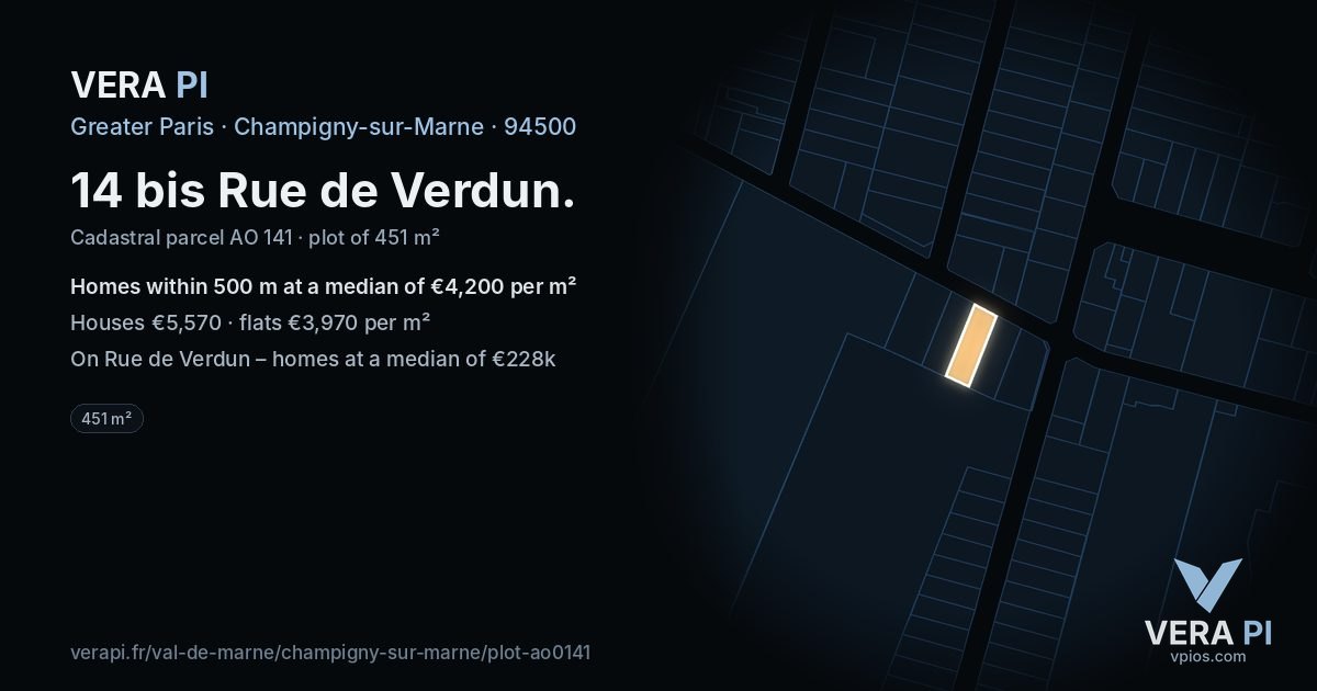 14 bis Rue de Verdun, Champigny-sur-Marne at night – the plot lit, the parcels around coloured by the prices near them