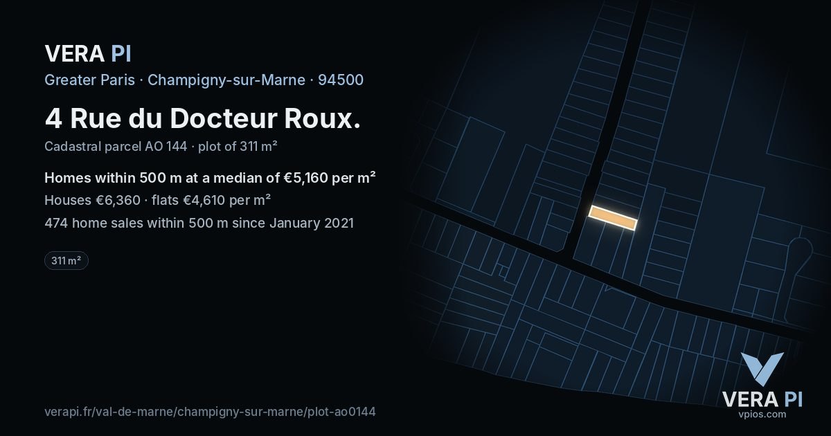 4 Rue du Docteur Roux, Champigny-sur-Marne at night – the plot lit, the parcels around coloured by the prices near them