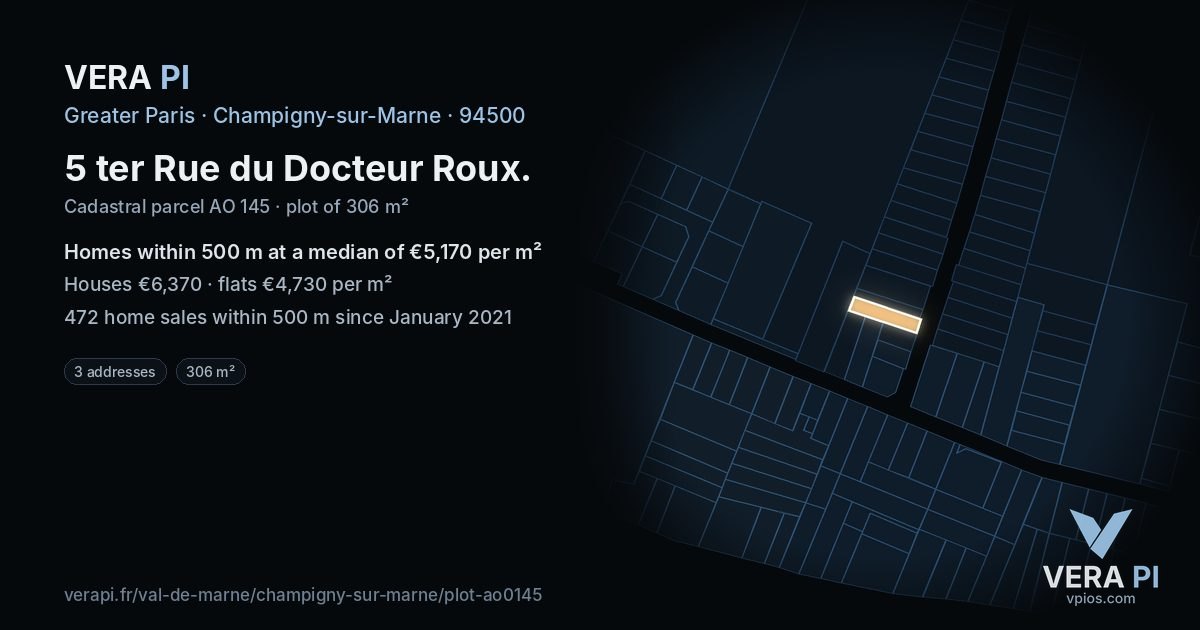 5 ter Rue du Docteur Roux, Champigny-sur-Marne at night – the plot lit, the parcels around coloured by the prices near them